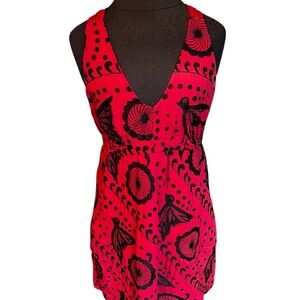 Anthropologie La La Lame Red Embroidered Cotton Dress with Birds Pockets Small